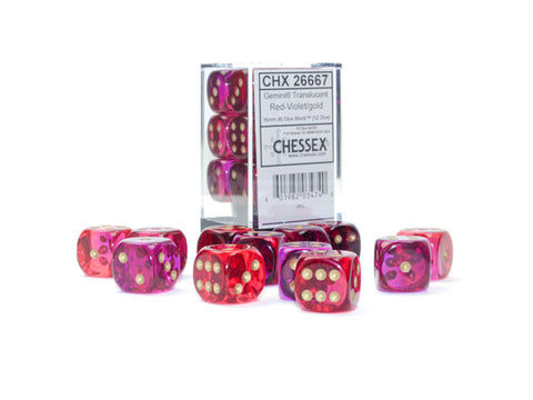 Gemini Translucent Red-Violet with gold font 12D6 16mm Dice [CHX26667]