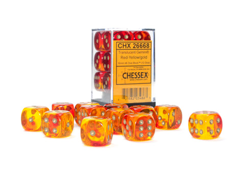 Gemini Translucent Red-Yellow with gold font 12D6 16mm Dice [CHX26668]