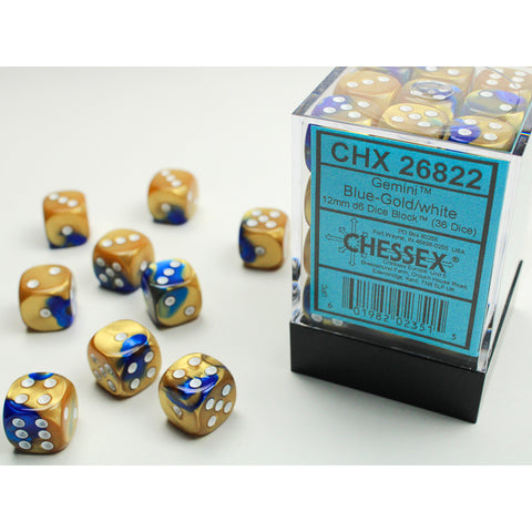 Gemini Blue + Gold with white font 36D6 12mm Dice [CHX26822]