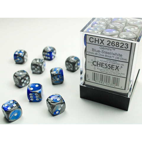 Gemini Blue + Steel with white font 36D6 12mm Dice [CHX26823]