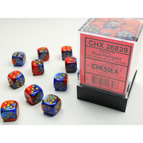 Gemini Blue + Red with gold font 36D6 12mm Dice [CHX26829]