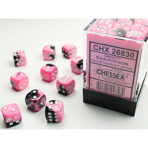 Gemini Black + Pink with white font 36D6 12mm Dice [CHX26830]