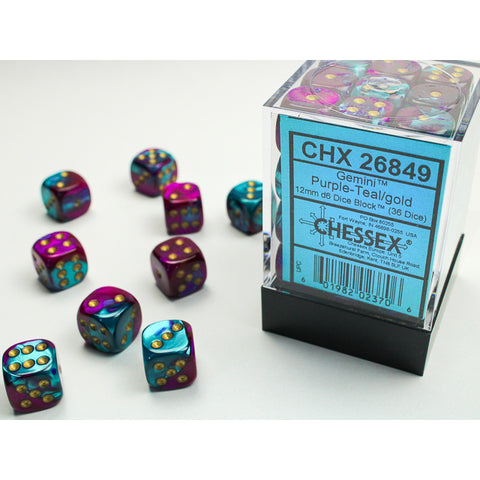 Gemini Purple + Teal with gold font 36D6 12mm Dice [CHX26849]