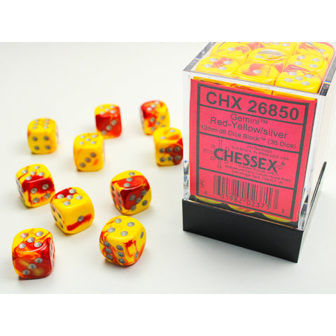 Gemini Red + Yellow with silver font 36D6 12mm Dice [CHX26850]