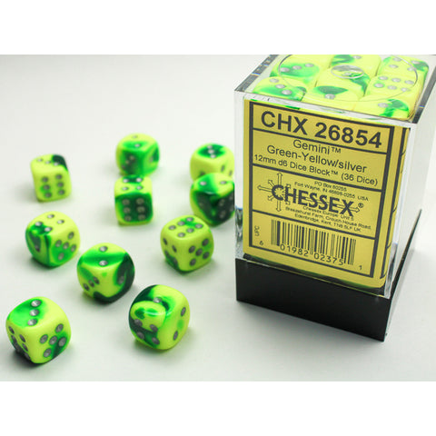 Gemini Green + Yellow with silver font 36D6 12mm Dice [CHX26854]