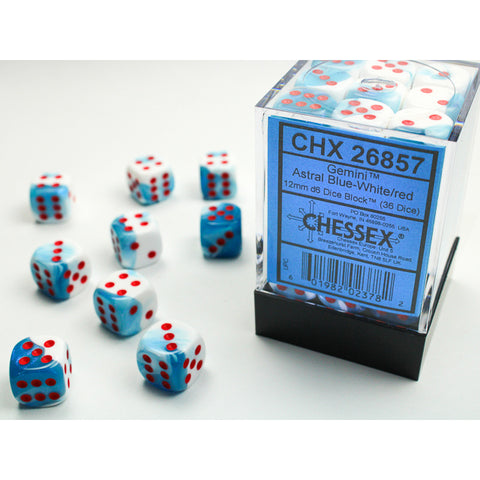 Gemini Astral Blue + White with red font 36D6 12mm Dice [CHX26857] DISC