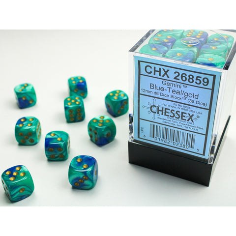 Gemini Blue + Teal with gold font 36D6 12mm Dice [CHX26859]