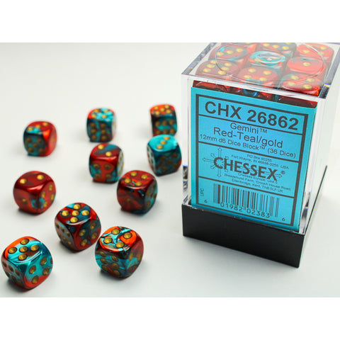 Gemini Red + Teal with gold font 36D6 12mm Dice [CHX26862]