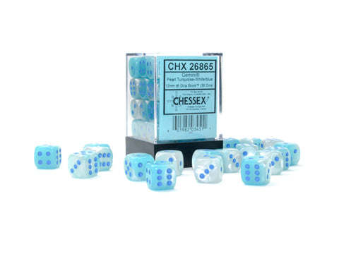 Gemini Pearl Turquoise-White with blue font Luminary 36D6 12mm Dice [CHX26865]