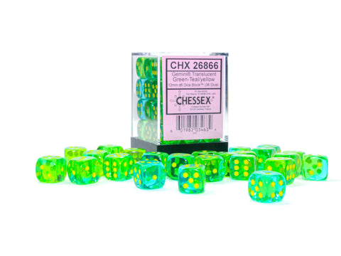 Gemini Translucent Green-Teal with yellow font 36D6 12mm Dice [CHX26866]