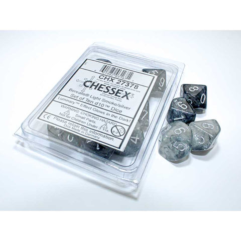 Borealis Light Smoke with silver font Luminary Set of 10d10 dice [CHX27378]