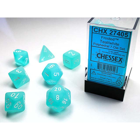 Frosted Teal with white font 7 Dice Set [CHX27405]