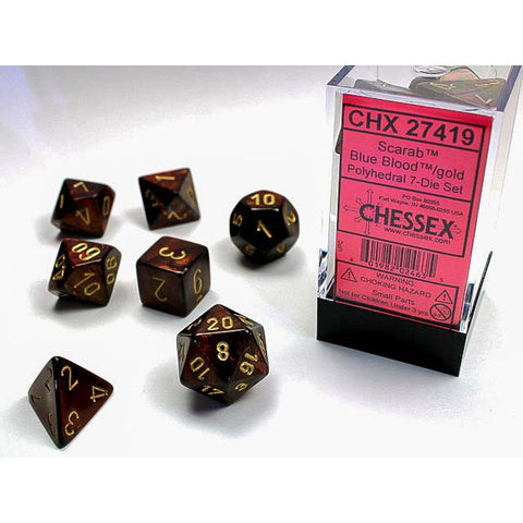 Scarab Blue + Blood with gold font 7 Dice Set [CHX27419]