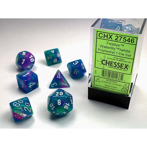 Festive Waterlily with white font 7 Dice Set [CHX27546]