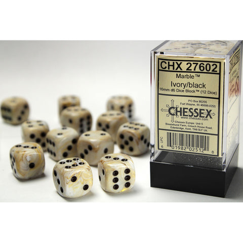 Marble Ivory with black font 12D6 16mm Dice [CHX27602]