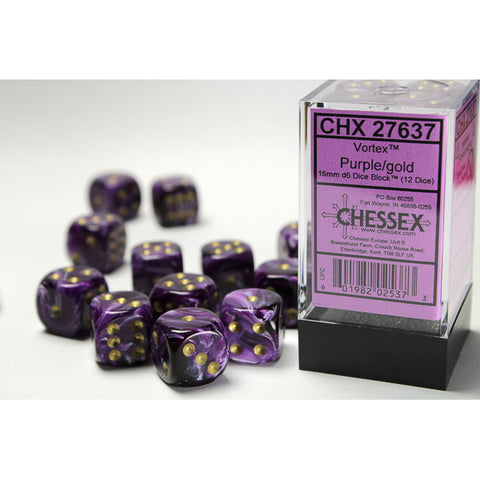 Vortex Purple with gold font 12D6 16mm Dice [CHX27637]