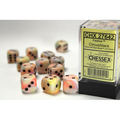 Festive Circus with black font 12D6 16mm Dice [CHX27642]