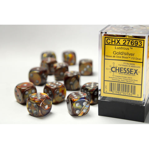 Lustrous Gold with silver font 12D6 16mm Dice [CHX27693]