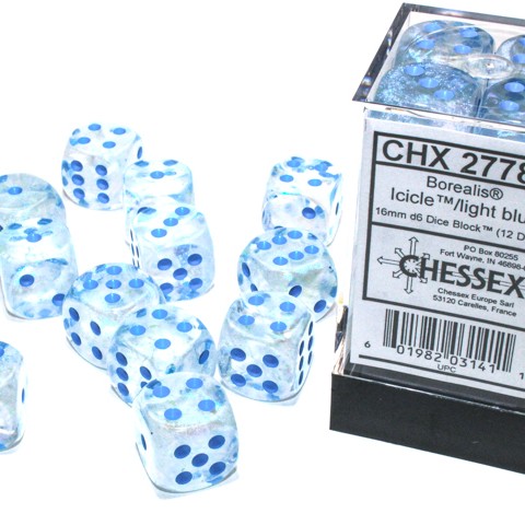 Borealis Icicle with light blue font Luminary 12D6 16mm dice [CHX27781]
