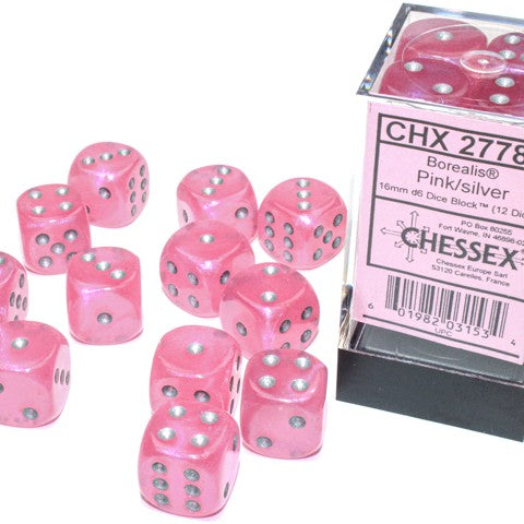 Borealis Pink with silver font Luminary 12D6 16mm dice [CHX27784]