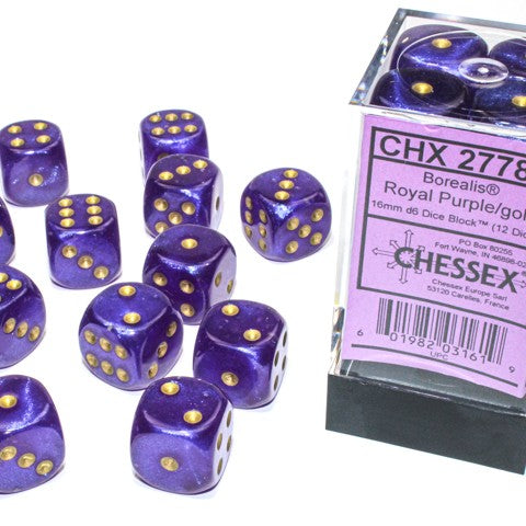 Borealis Royal Purple with gold font Luminary 12D6 16mm dice [CHX27787]