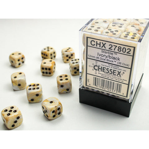 Marble Ivory with black font 36D6 12mm Dice [CHX27802]