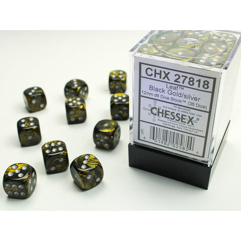 Leaf Black + Gold with silver font 36D6 12mm Dice [CHX27818] DISC