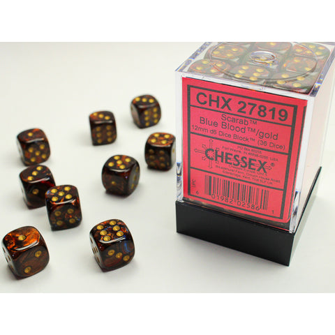 Scarab Blue + Blood with gold font 36D6 12mm Dice [CHX27819]