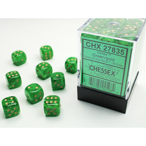 Vortex Green with gold font 36D6 12mm Dice [CHX27835]