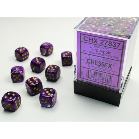 Vortex Purple with gold font 36D6 12mm Dice [CHX27837]