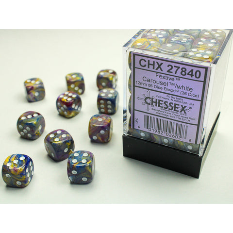 Festive Carousel with white font 36D6 12mm Dice [CHX27840]