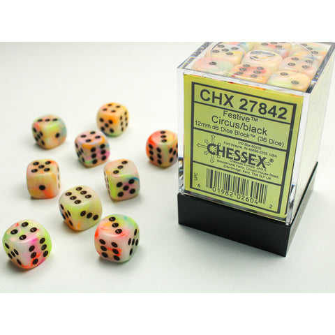 Festive Circus with black font 36D6 12mm Dice [CHX27842]