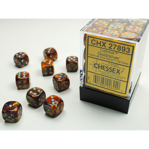 Lustrous Gold with silver font 36D6 12mm Dice [CHX27893]