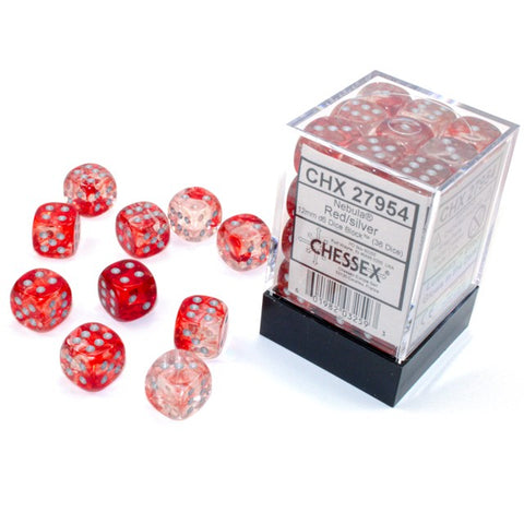 Nebula Red with silver font 36D6 12mm Dice Glow [CHX27954]