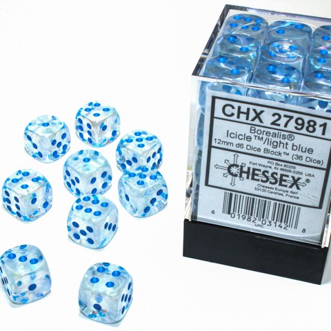 Borealis Icicle with light blue font Luminary 36D6 12mm Dice [CHX27981]