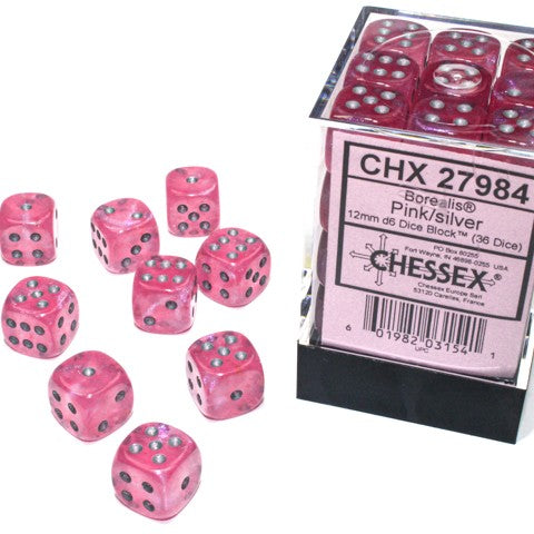 Borealis Pink with silver font Luminary 36D6 12mm Dice [CHX27984]