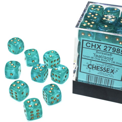 Borealis Teal with gold font Luminary 36D6 12mm Dice [CHX27985]