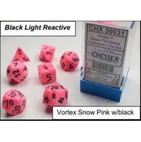 Lab Dice 2: Vortex Snow Pink with black font 7 Dice Set Glow oop [CHX30031]
