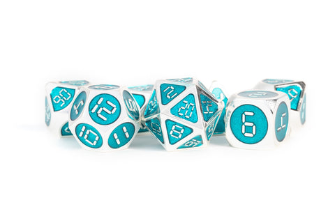 Metallic Teal Enamel with Silver Edges and digital font 7 Dice Set [MD022]
