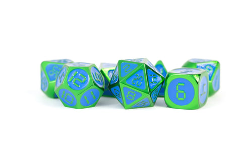 Metallic Blue Enamel with Green Edges and digital font 7 Dice Set [MD023]