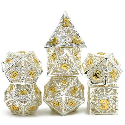 Hollow Metal Spider Dice: Silver with gold font 7 Dice Set w/metal case [UDMESP03]