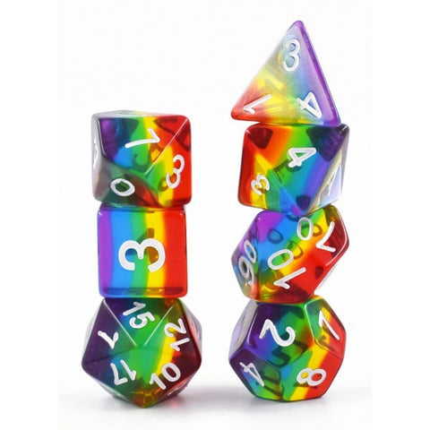 Transparent Rainbow with white font Set of 7 Dice [HDTL-06]