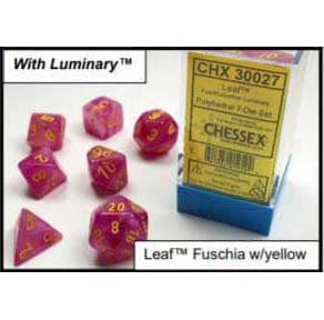 Lab Dice 2: Leaf Fuschia with yellow font 7 Dice Set Glow oop [CHX30027]