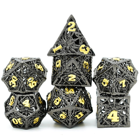 Hollow Metal Spider Dice: Black with gold font 7 Dice Set w/metal case [UDMESP02]