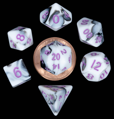 Marble White | Black w purple font Set of 7 Mini dice [MD41037]