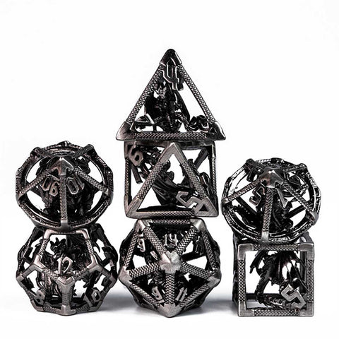 Hollow Metal Trapped Dragon Dice: Antique Silver 7 Dice Set w/metal case [UDMEID03]