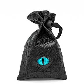 Black Naugahyde dice bag with Blue "Demon eye", with ribbon drawstring  [UDPABA10]