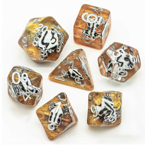 Desert Bull Skull w clear & gold resin filled Dice with silver font 7 Dice Set [UDREBH01]