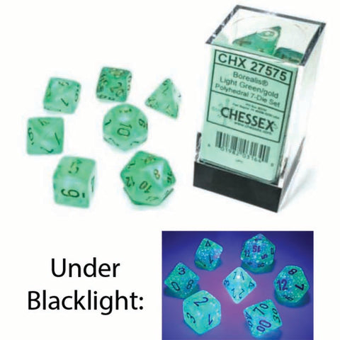 Borealis Polyhedral Light Green with gold font Luminary 7 Dice Set [CHX27575]