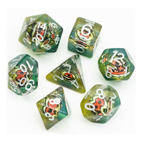Demon Eye Red +Yellow/blue resin filled Dice with silver font 7 Dice Set [UDREEY02]